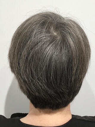 Before Photo: rear view of woman with short black hair with a lot of gray before color.